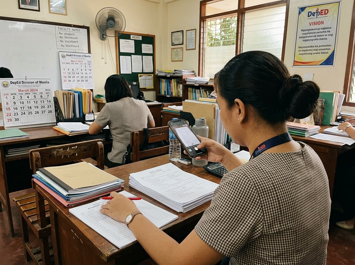 Public school teacher at her faculty room desk taking an overhead smartphone photo of student answer sheets
