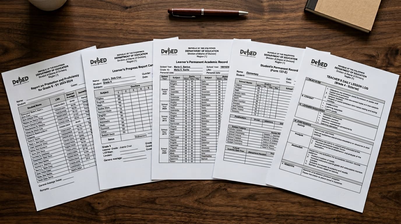Flat-lay of DepEd forms — School Form 5, School Form 9, School Form 10, and a Daily Lesson Plan