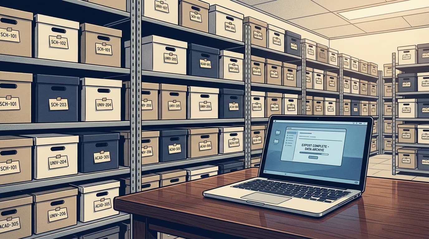 Institutional records archive — labeled school folders on shelving with a laptop showing an export-data screen