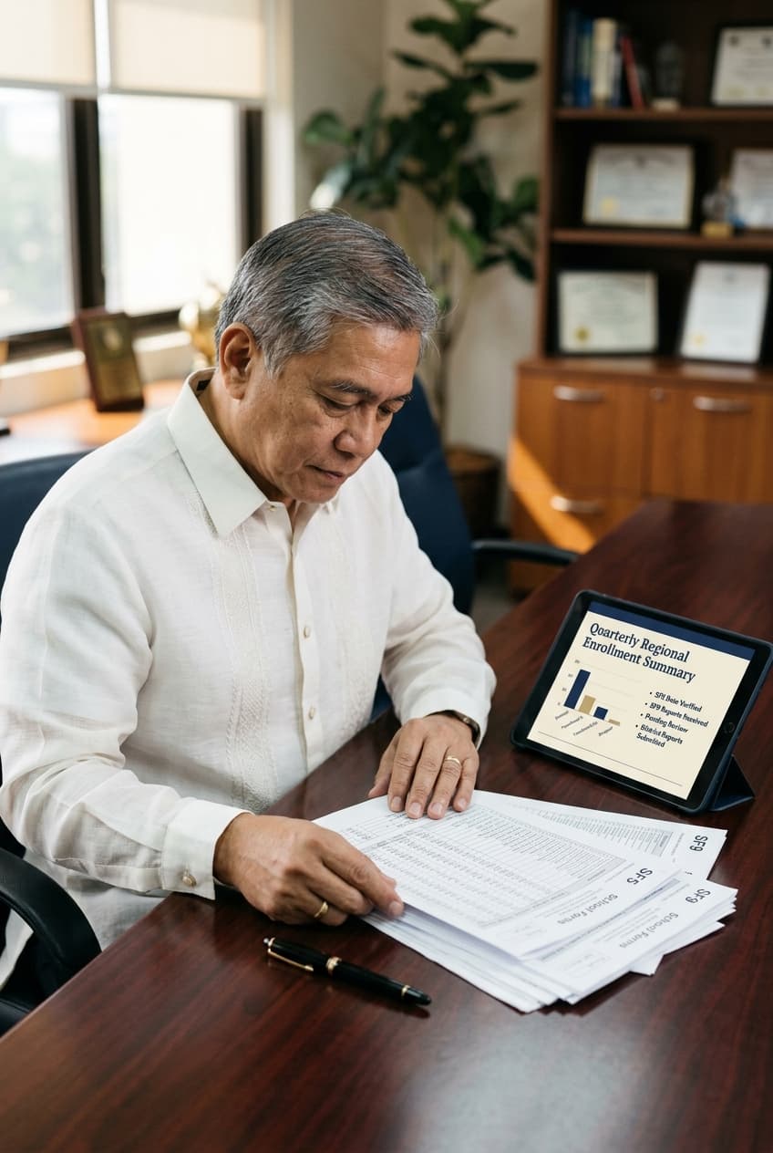 A DepEd regional executive in a barong reading printed School Forms at a mahogany conference table, with a tablet showing a minimal summary panel alongside