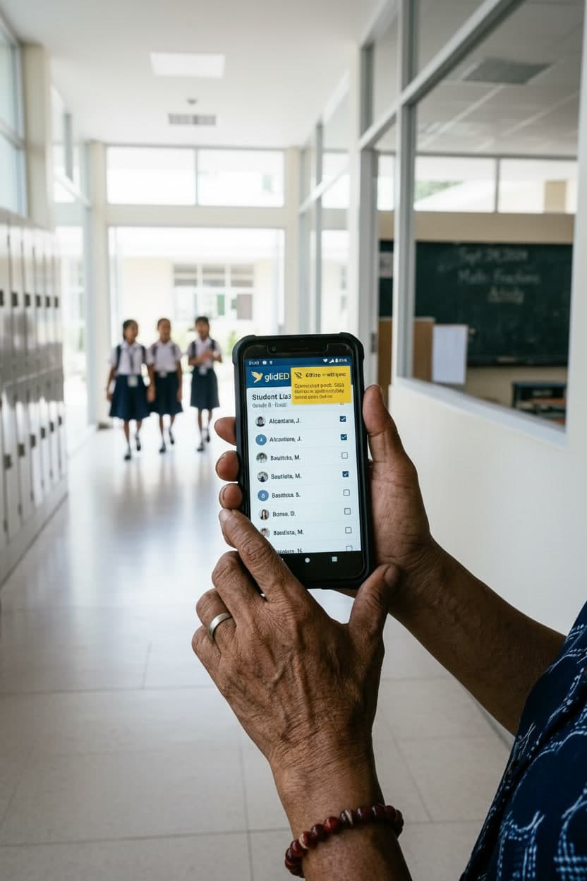Teacher's hands holding a smartphone showing glidED mobile app with an offline sync indicator