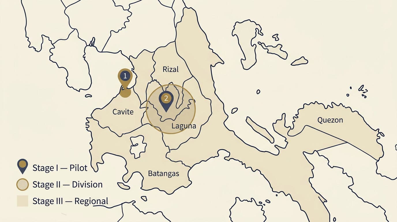 Map with three rollout markers — pilot pin, division radius, and regional fill
