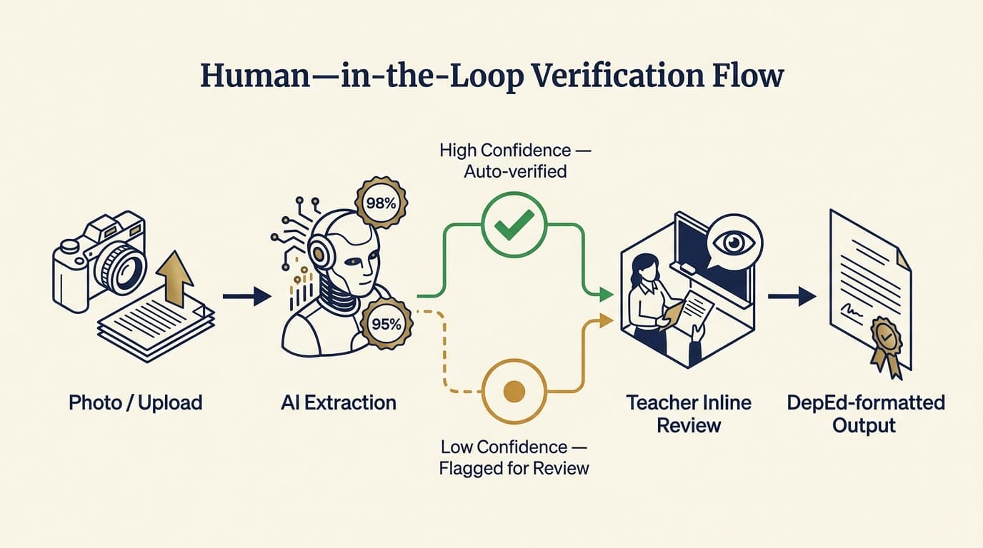 Diagram of the human-in-the-loop verification flow from upload through teacher review to DepEd-formatted output